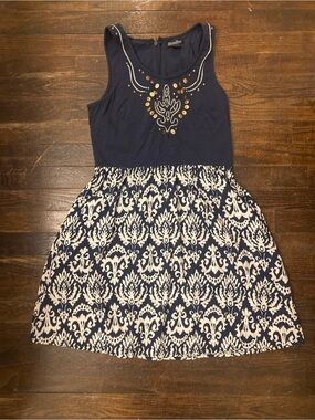 LUCKY BRAND Sundress Navy and White Embroidered Gold , Size Small